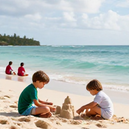 Caribbean Holidays, Jamaica Family Holidays, Family enjoying a calm morning on a Jamaican beach, children building a sandcastle while parents relax nearby