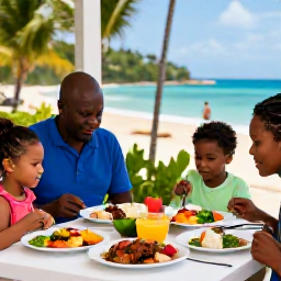 Caribbean Holidays, Jamaica Family Holidays, Family enjoying a colourful Jamaican meal at an outdoor restaurant, with jerk chicken, rice and peas, tropical fruit and lively island surroundings