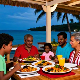 Caribbean Holidays, Jamaica Family Holidays, Family enjoying a Jamaican meal at an outdoor restaurant, colourful local dishes, relaxed atmosphere and tropical evening light