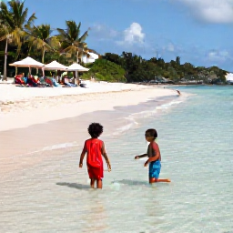 Caribbean Holidays, Jamaica Family Holidays, Family enjoying a safe sandy beach near a Jamaican resort, children paddling in shallow clear water while parents relax under umbrellas