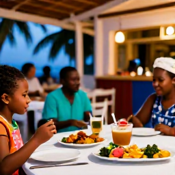 Caribbean Holidays, Jamaica Family Holidays, Family enjoying Jamaican food at an outdoor restaurant, colourful tropical dishes, friendly local atmosphere and evening light