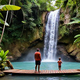 Caribbean Holidays, Jamaica Family Holidays, Family exploring a lush Jamaican waterfall with a local guide, tropical plants, wooden steps and refreshing pools