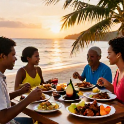 Caribbean Holidays, Jamaica Family Holidays, Family sharing Jamaican food at a relaxed seaside restaurant, colourful jerk chicken dishes, fresh fruit and warm sunset light