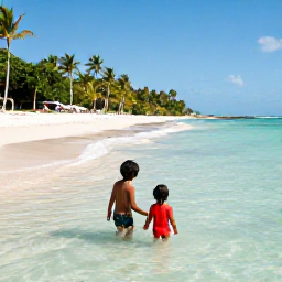 Caribbean Holidays, Jamaica Family Holidays, Family swimming in the clear shallow water at Doctor's Cave Beach in Montego Bay, Jamaica, with white sand and tropical scenery