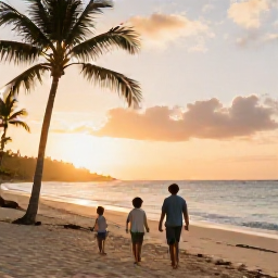 Caribbean Holidays, Jamaica Family Holidays, Family walking along a Jamaican beach at sunset, relaxed holiday atmosphere, palm trees, warm golden light and calm Caribbean sea