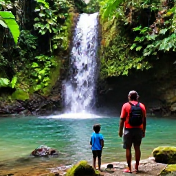 Caribbean Holidays, Jamaica Family Holidays, Family walking through lush Jamaican rainforest beside a waterfall, with tropical plants, clear pools and a friendly local guide