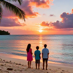 Caribbean Holidays, Jamaica Family Holidays, Family watching a colourful Jamaican sunset over the sea from a comfortable beachfront resort