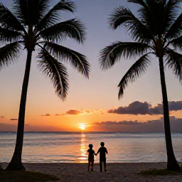 Caribbean Holidays, Jamaica Family Holidays, Family watching a colourful Jamaican sunset over the sea, silhouettes of palm trees and calm beach at dusk
