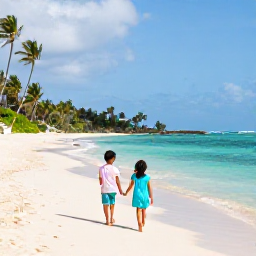 Caribbean Holidays, Jamaica Family Holidays, Happy family relaxing on a bright Jamaican beach in April, calm turquoise sea, soft white sand, palm trees and gentle sunshine