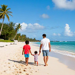 Caribbean Holidays, Jamaica Family Holidays, Happy family relaxing on a sunny Jamaican beach in March, with calm turquoise sea, soft sand and palm trees