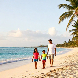 Caribbean Holidays, Jamaica Family Holidays, Happy family relaxing on a sunny Jamaican beach in May, turquoise sea, soft sand, palm trees and gentle afternoon light