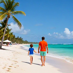 Caribbean Holidays, Jamaica Family Holidays, Happy family walking along a bright Jamaican beach in June, turquoise sea, palm trees and relaxed holiday atmosphere
