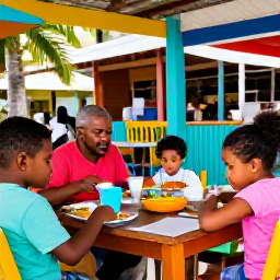 Caribbean Holidays, Jamaica Family Holidays, Jamaican family eating a relaxed lunch at a colourful outdoor restaurant, tropical setting and friendly local atmosphere
