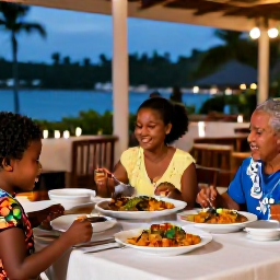 Caribbean Holidays, Jamaica Family Holidays, Jamaican family meal at an outdoor restaurant, colourful local dishes on the table and a relaxed tropical evening atmosphere