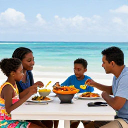 Caribbean Holidays, Jamaica Family Holidays, Jamaican family sharing a relaxed meal of colourful local food at an open-air restaurant near the sea