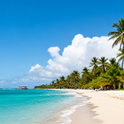 Caribbean Holidays, Jamaica February Adventures, A sunny Jamaican coastline in February with turquoise sea, palm trees and a small adventure boat near shore