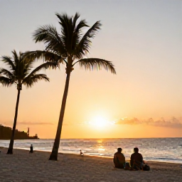 Caribbean Holidays, Jamaica February Adventures, Relaxed Jamaican beach at sunset with palm trees, warm golden light and travellers enjoying a calm evening by the sea