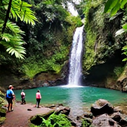 Caribbean Holidays, Jamaica February Adventures, Travellers hiking through lush Jamaican rainforest towards a clear waterfall, with tropical plants and rocky paths