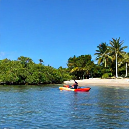 Caribbean Holidays, Jamaica February Adventures, Visitors kayaking on calm blue Jamaican water beside mangroves and a sandy tropical beach under clear skies
