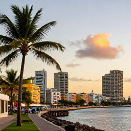 Caribbean Holidays, Jamaica February Breaks, Montego Bay waterfront at sunset with palm trees, colourful buildings and busy Caribbean city atmosphere