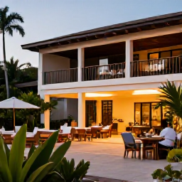 Caribbean Holidays, Jamaica February Breaks, Relaxed Jamaican city break scene with stylish hotel terrace, tropical plants and warm evening light
