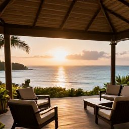 Caribbean Holidays, Jamaica February Flights, Elegant Jamaican resort terrace overlooking the Caribbean Sea at sunset