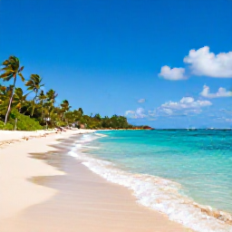 Caribbean Holidays, Jamaica February Holidays, Clear turquoise water and sandy Jamaican beach in February with snorkellers, palm trees and a bright blue sky