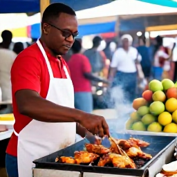 Caribbean Holidays, Jamaica February Holidays, Colourful Jamaican food market with jerk chicken being prepared over a smoky grill, fresh tropical fruit and friendly vendors