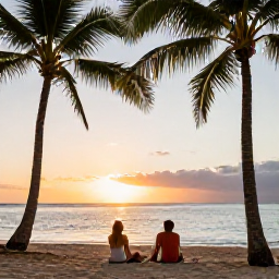 Caribbean Holidays, Jamaica February Holidays, Couple enjoying a relaxed sunset on a Jamaican beach in February with palm trees and calm Caribbean sea