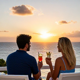 Caribbean Holidays, Jamaica February Holidays, Couple enjoying a sunset cocktail on a Jamaican resort terrace overlooking the Caribbean Sea
