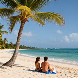 Caribbean Holidays, Jamaica February Holidays, Couple relaxing on a quiet Jamaican beach in warm February sunshine, turquoise sea and palm trees