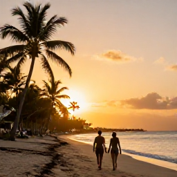 Caribbean Holidays, Jamaica February Holidays, Couple walking hand in hand along a quiet Jamaican beach at sunset, warm Caribbean light and palm trees