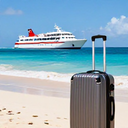 Caribbean Holidays, Jamaica February Holidays, Modern Caribbean ferry or aircraft connection with a suitcase and island coastline in the background, representing a multi-country holiday from Jamaica