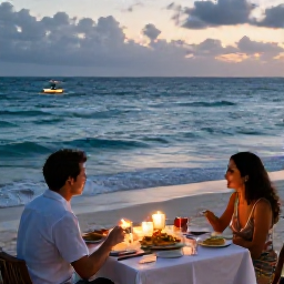 Caribbean Holidays, Jamaica February Holidays, Romantic Jamaican dinner on a beach at dusk, candles, local food and calm Caribbean sea