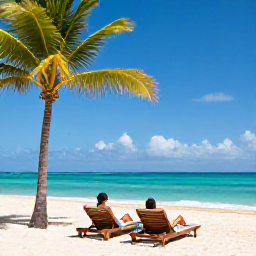 Caribbean Holidays, Jamaica February Holidays, Sunny Jamaican beach with turquoise water, sun loungers, palm trees and a couple relaxing beside the sea