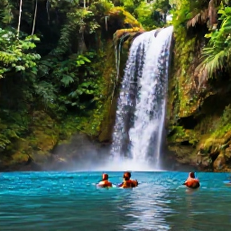 Caribbean Holidays, Jamaica February Holidays, Travellers swimming in clear blue water at a Jamaican waterfall surrounded by lush tropical forest