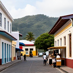 Caribbean Holidays, Jamaica February Holidays, Visitors exploring a Jamaican historic town with colourful colonial buildings, local craft stalls and green hills in the background