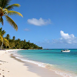 Caribbean Holidays, Jamaica February Tours, Sunny Jamaican coastline with turquoise water, palm trees and a small boat near the shore