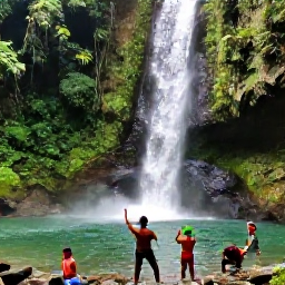 Caribbean Holidays, Jamaica February Tours, Travellers exploring a lush Jamaican rainforest beside a clear waterfall and tropical plants