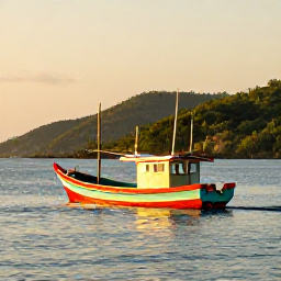Caribbean Holidays, Jamaica Fishing, A colourful Jamaican fishing boat on calm blue Caribbean water at sunrise, with green hills and a warm August sky
