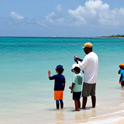 Caribbean Holidays, Jamaica Fishing, A friendly Jamaican fishing guide helping a family fish beside a bright tropical reef in clear shallow water