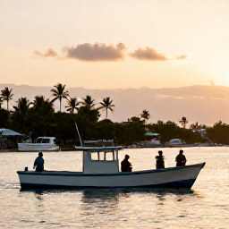 Caribbean Holidays, Jamaica Fishing, A Jamaican harbour at golden hour with a returning fishing charter, palm trees, local boats and anglers enjoying the evening