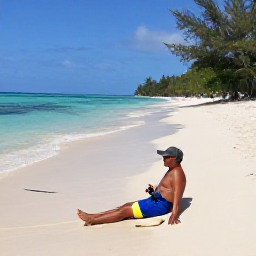 Caribbean Holidays, Jamaica Fishing, Angler relaxing on a Jamaican beach beside a successful fishing trip catch, with turquoise sea and tropical vegetation