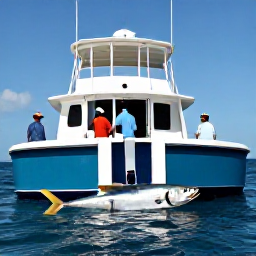 Caribbean Holidays, Jamaica Fishing, Anglers on a modern charter boat fighting a large fish in the deep blue sea off Jamaica, with a professional local crew nearby