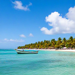 Caribbean Holidays, Jamaica Fishing April, A bright Jamaican coastline in April with a small fishing boat on calm turquoise water, palm trees and a warm blue sky