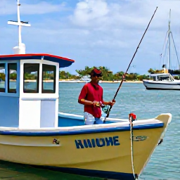 Caribbean Holidays, Jamaica Fishing April, A friendly local fishing crew preparing rods and tackle beside a colourful boat in a Jamaican harbour