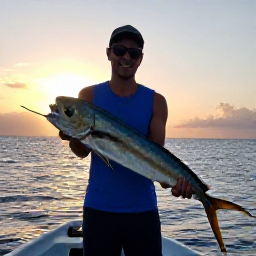 Caribbean Holidays, Jamaica Fishing April, Angler holding a fresh mahi-mahi beside a small boat at sunset off the Jamaican coast