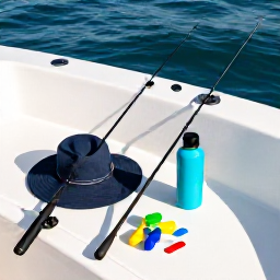 Caribbean Holidays, Jamaica Fishing April, Fishing rods, sun hat, water bottle and tackle arranged on the deck of a Jamaican fishing boat under bright morning light