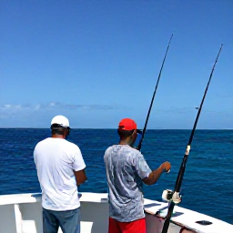Caribbean Holidays, Jamaica Fishing December, Deep-sea sport fishing boat cruising beyond the Jamaican reef, with anglers preparing rods under a clear blue sky