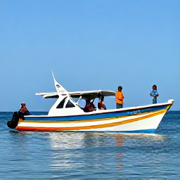 Caribbean Holidays, Jamaica Fishing December, Friendly Jamaican fishing guide helping visitors land a fish beside a colourful charter boat in calm coastal water